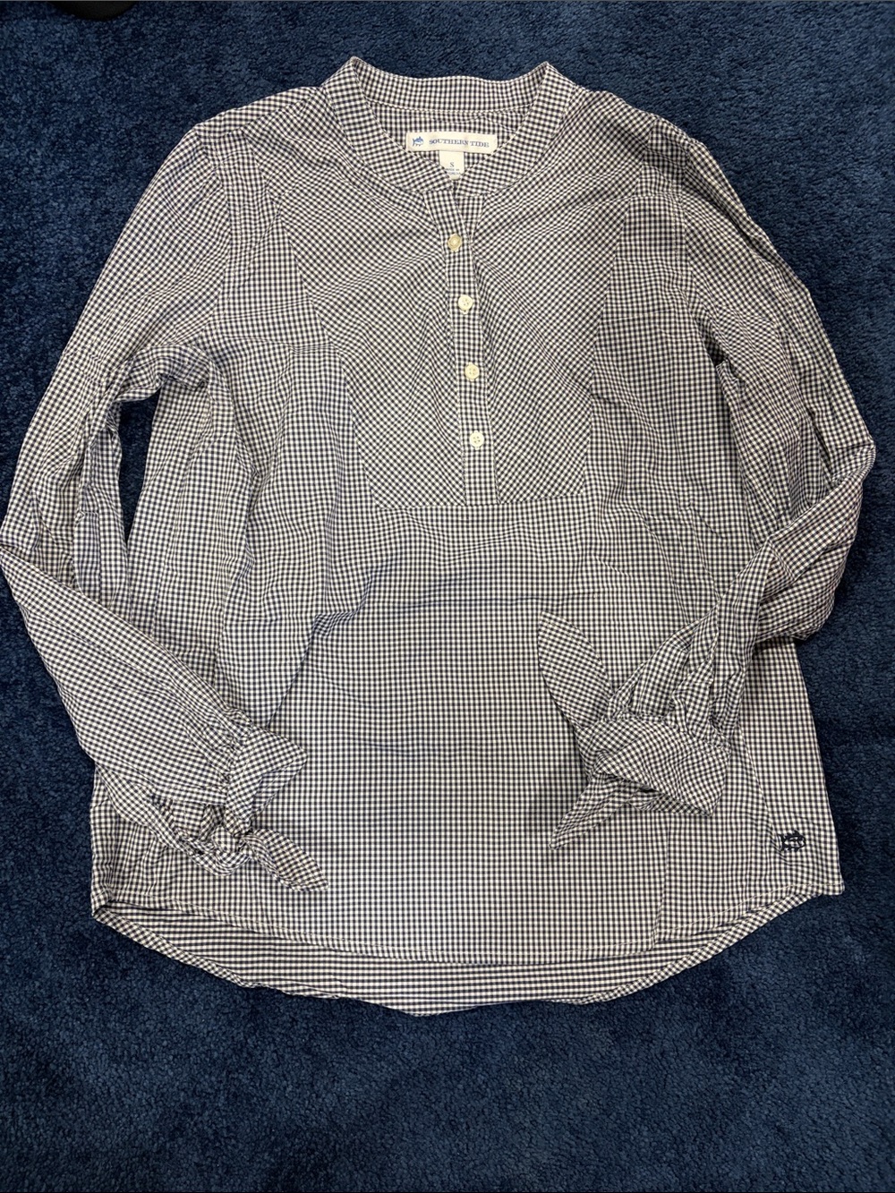 Southern Tide Navy and White Gingham Pullover Henley Blouse